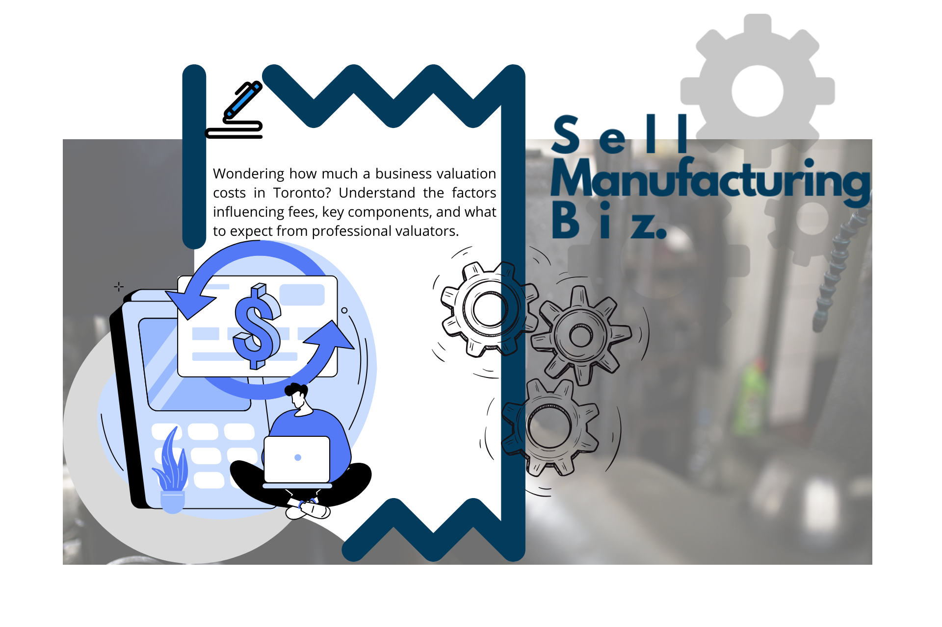 Illustration about selling a manufacturing business, with graphics of money, a calculator, and gears.