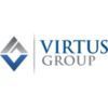 The virtus group logo is a blue and white logo with a diamond in the middle.