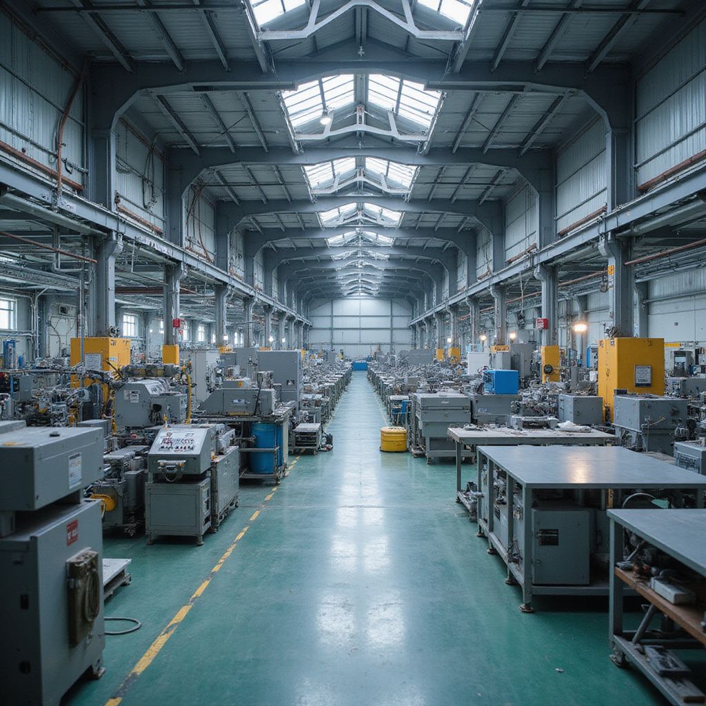 Large industrial factory interior with machinery, overhead lighting, and concrete floors.