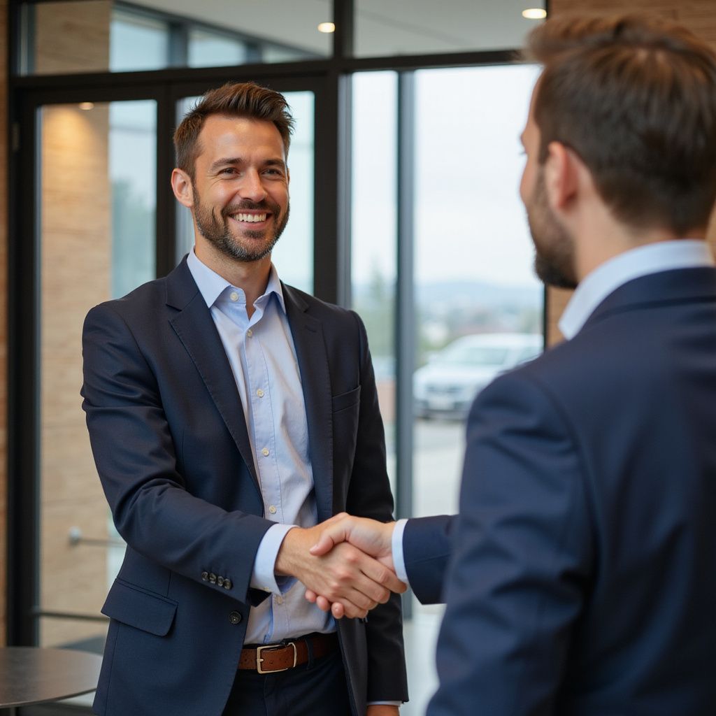 Two men in suits shaking hands, smiling, in a modern office with large windows.