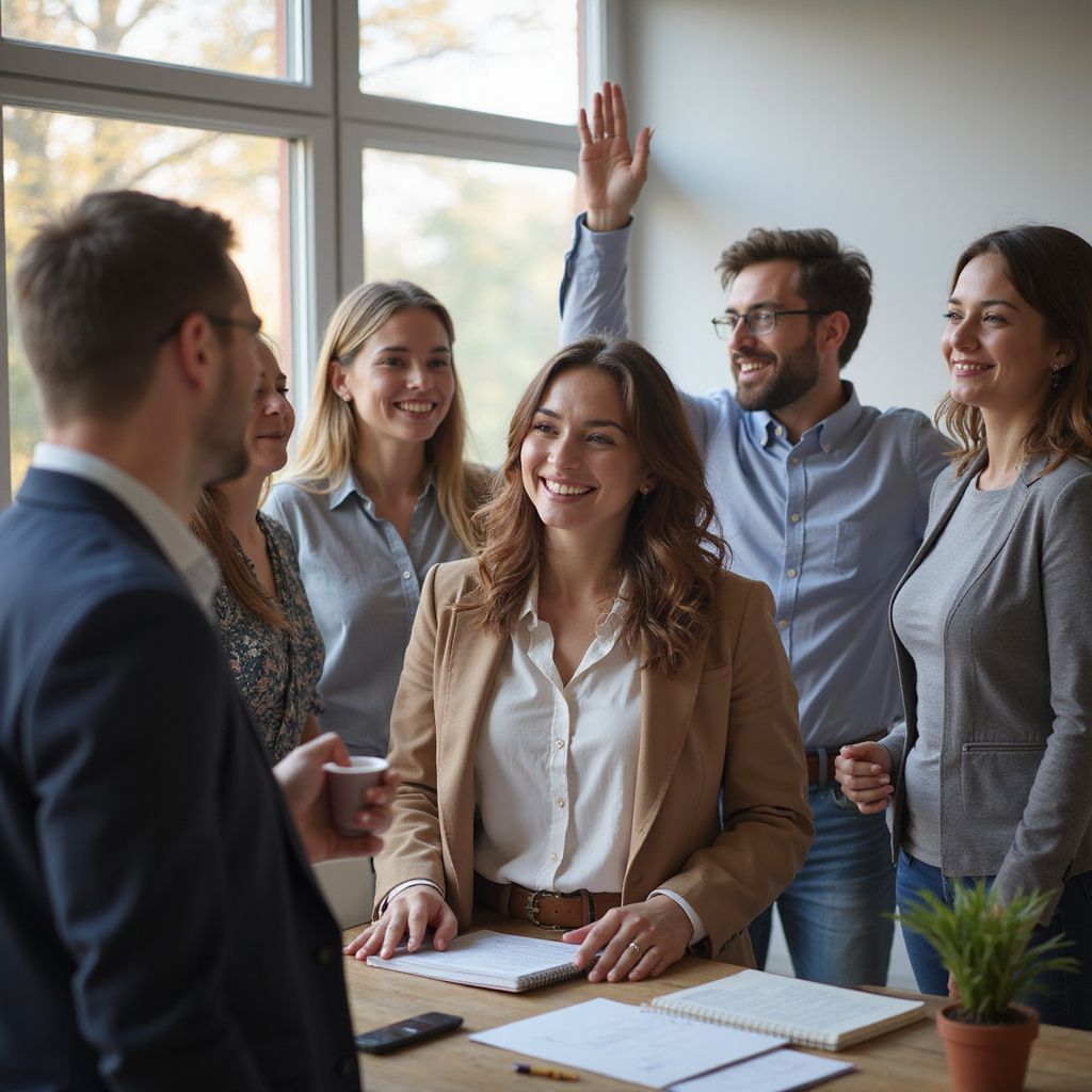 Group of professionals in an office, smiling and interacting. One raises their hand, another holds a coffee cup.