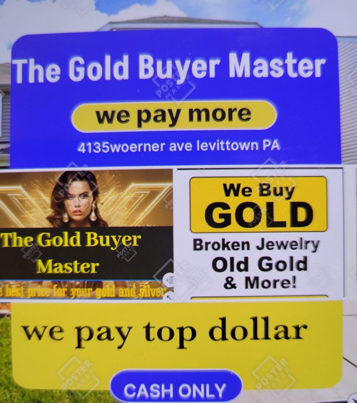 A sign that says the gold buyer master on it
