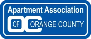 Blue sign reading “Apartment Association of Orange County” with white lettering and logo
