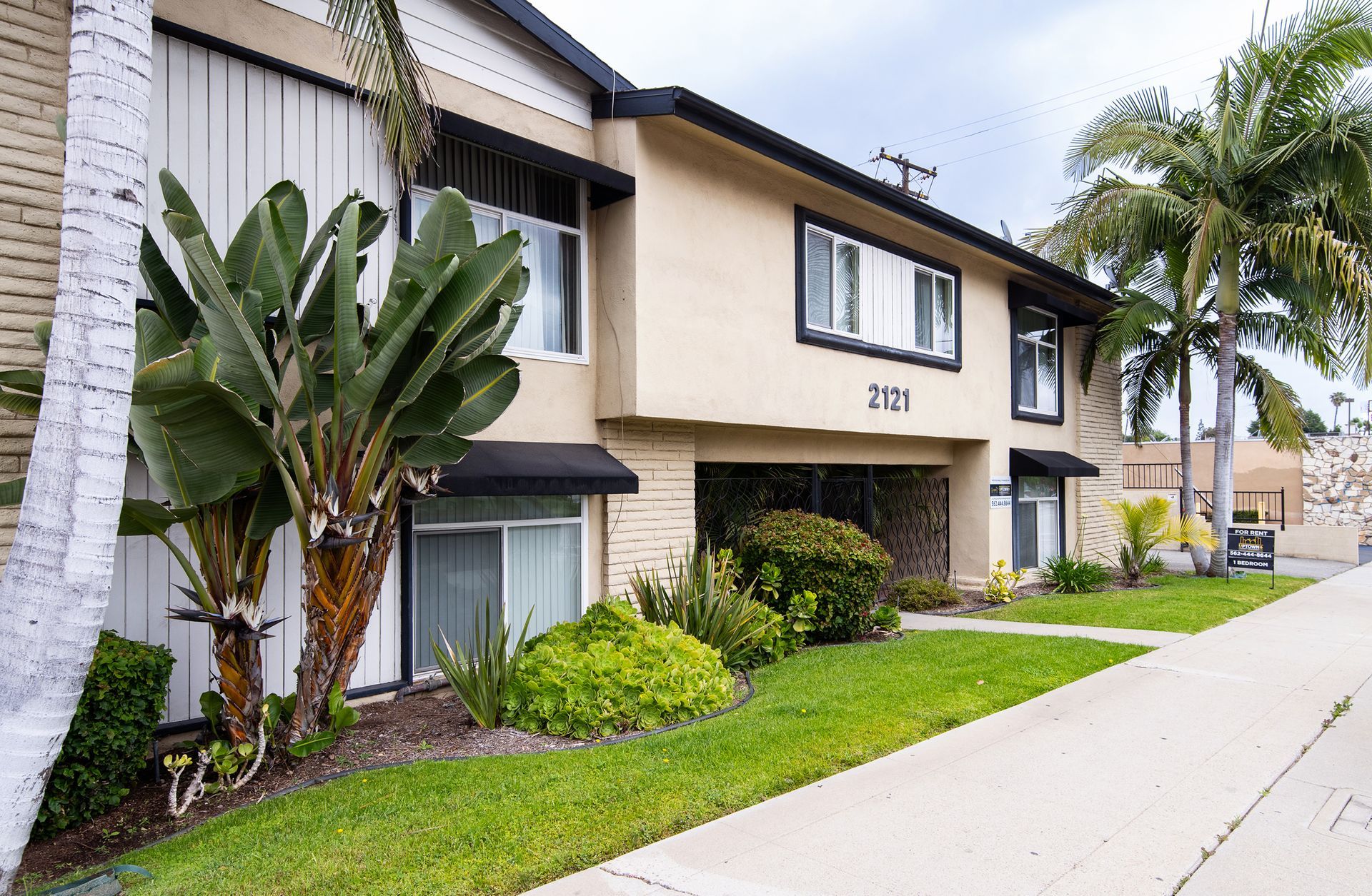 Two-story beige apartment building with palm trees, landscaped shrubs, and a sidewalk along the front