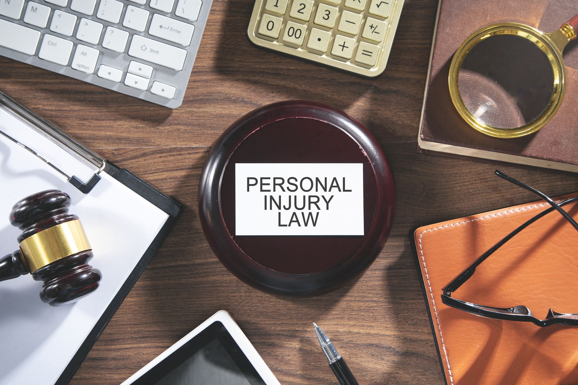 Personal injury law text on a desk beside a judge’s gavel, glasses, keyboard, and notebook