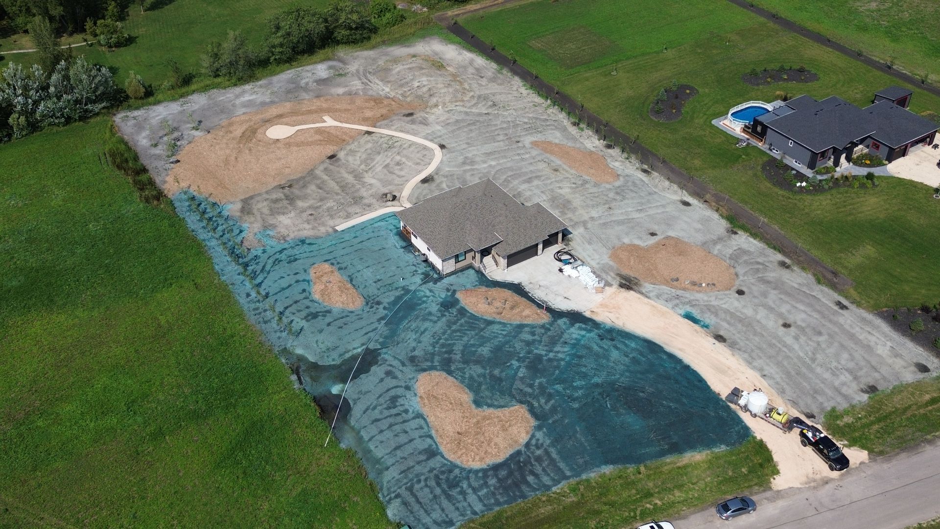 Aerial view of hydroseeding application on large property