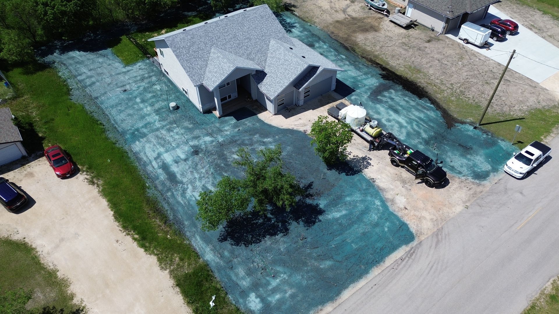 Aerial view of hydroseeding application on large property