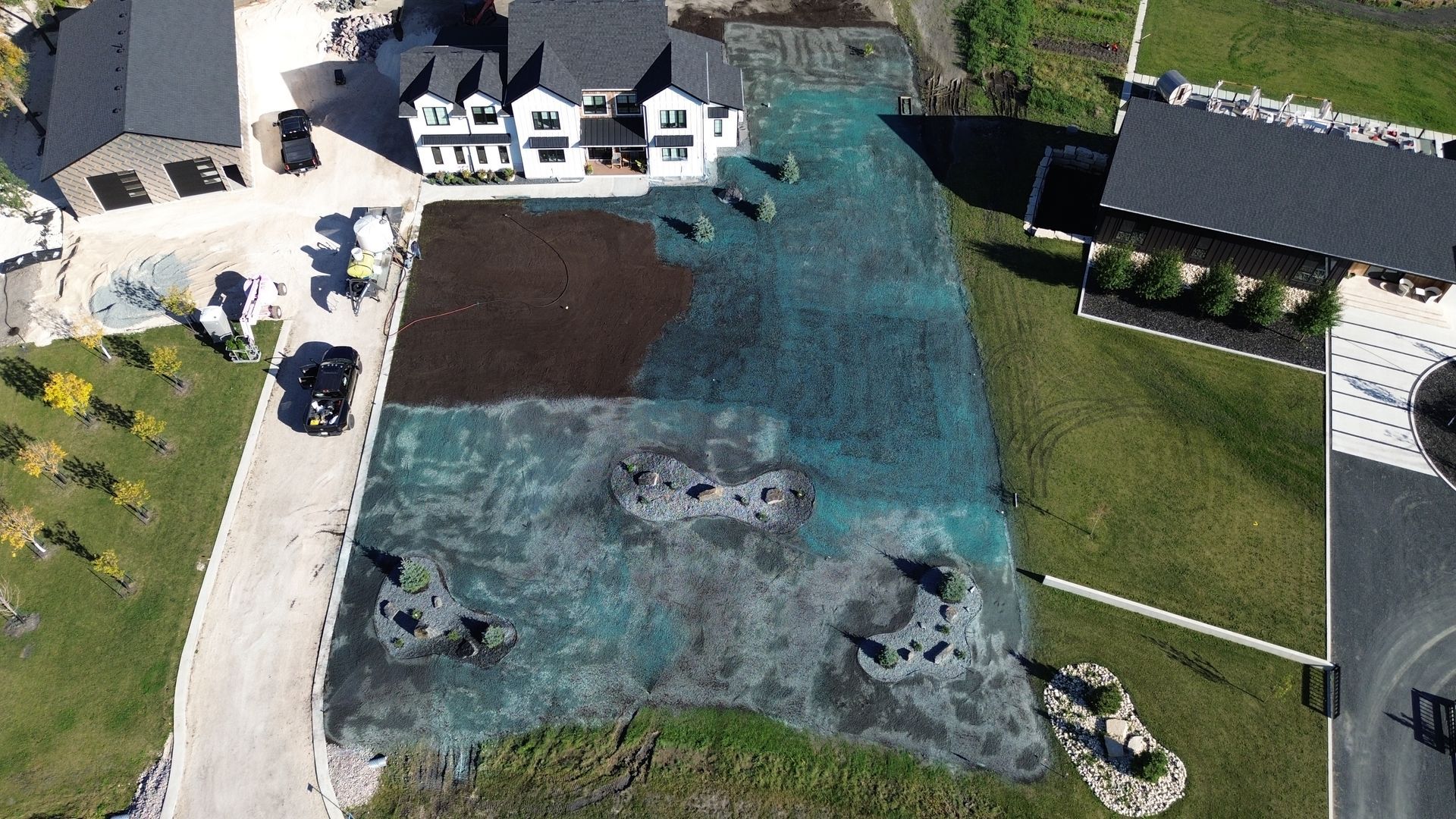 Aerial view of hydroseeding application on large property