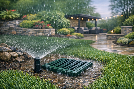 Aerial view of a modern backyard with green lawn, stone paths, seating, and a small pool.