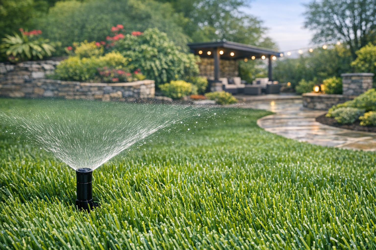 Backyard with pool, lawn, trees, and a small white shed under a clear blue sky