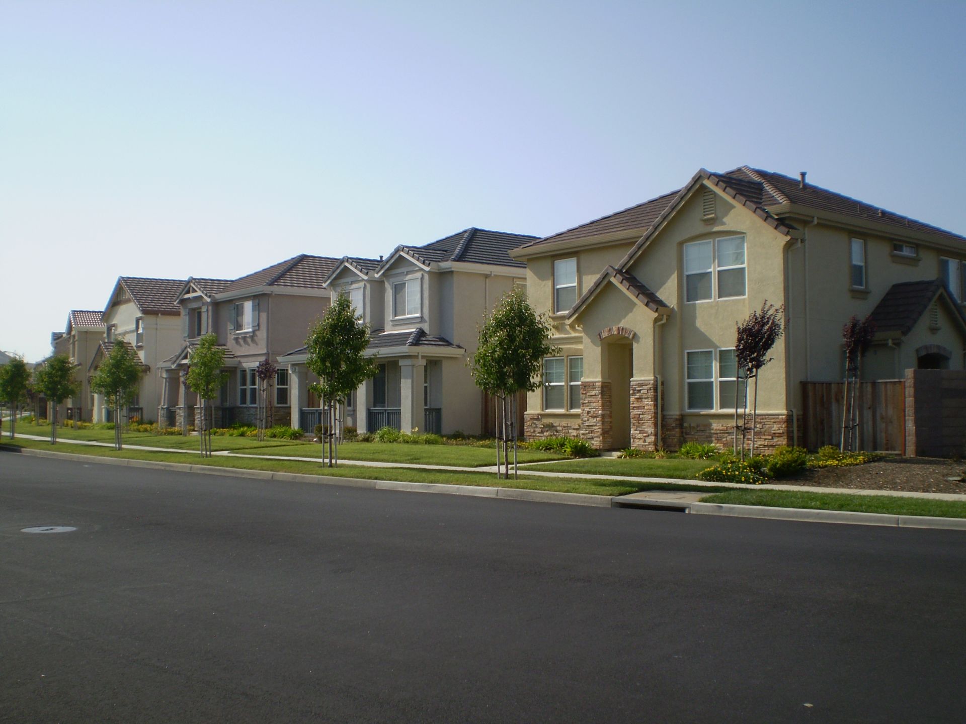 a row of houses are lined up on the side of a street