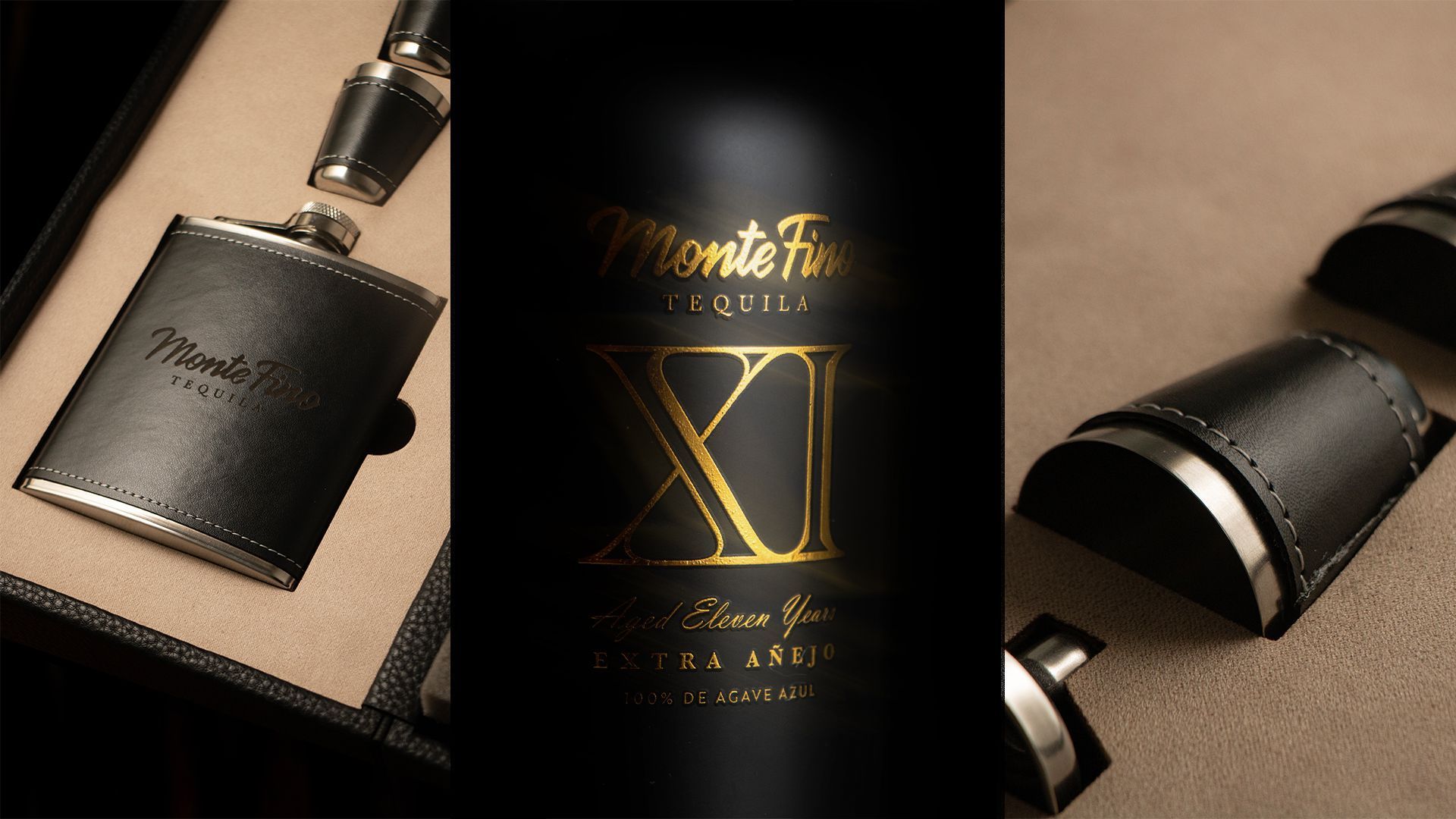 Black bottle of tequila with leather flask and packaging, gold accents.