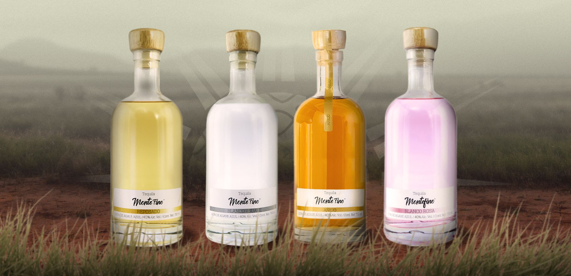 Four glass bottles of various colored liquor in a field, with a muted background.