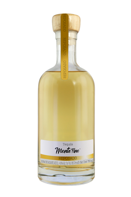 Bottle of Monte Fino Fino tequila with a clear glass bottle, wooden cork, and white label.