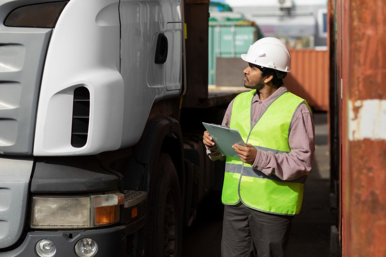 A man in a hard hat and safety vest is standing next to a truck.