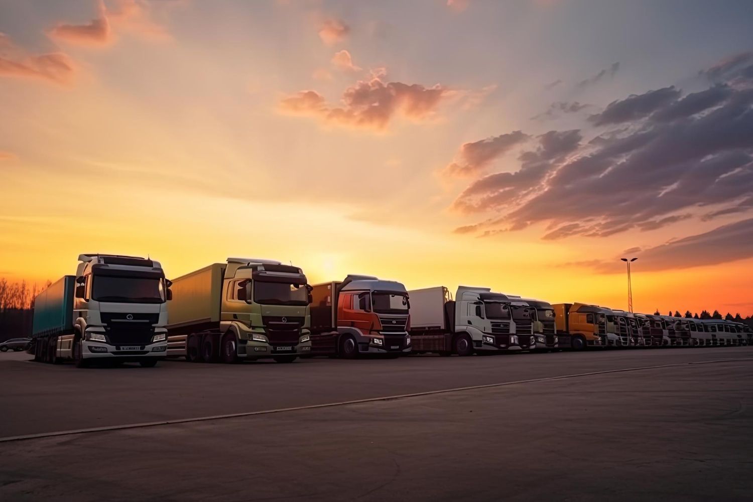 A row of semi trucks parked in a parking lot at sunset.