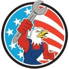Eagle mechanic with wrench, American flag background.