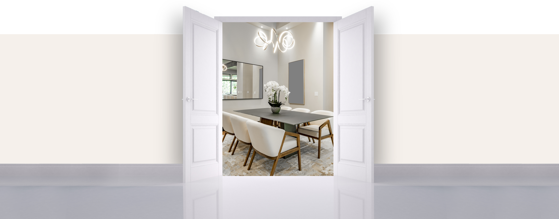 A picture of a dining room with a table and chairs is behind a white door.