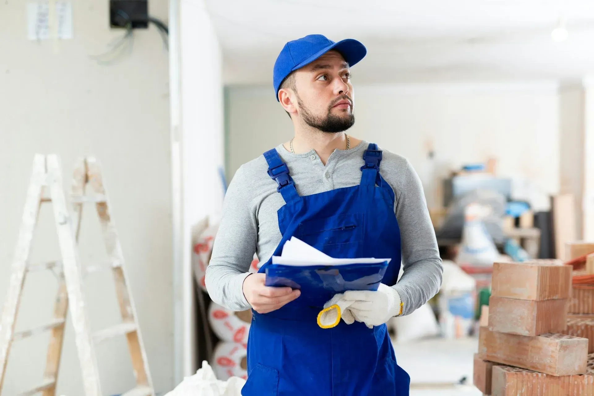 A man in blue overalls is holding a clipboard in a room.