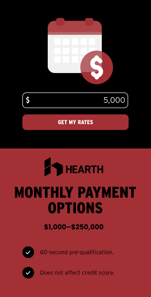 A screenshot of a website that says hearth monthly payment options