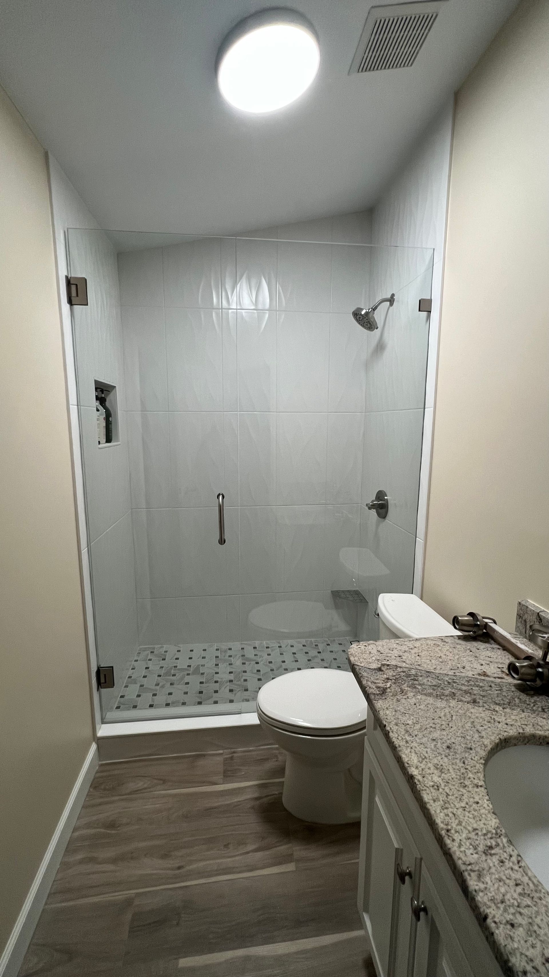 Bathroom with glass shower, toilet, vanity, and skylight. Gray and white tones; wood-look floor.