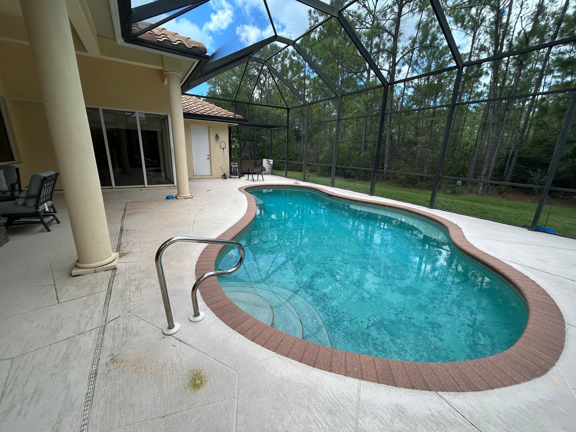 Pool with surrounding patio, screened enclosure, and view of trees.