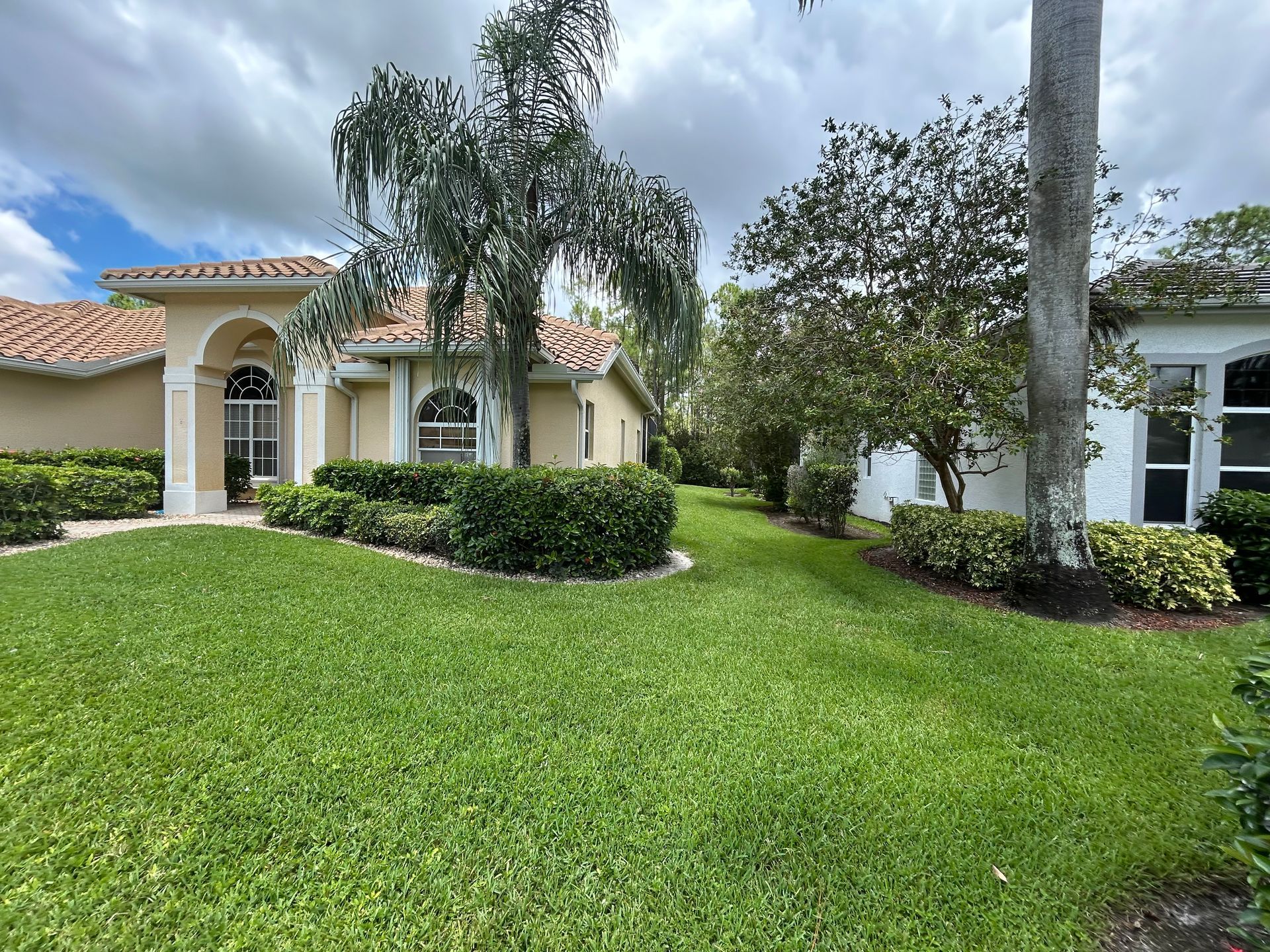 Green lawn with house and trees under cloudy sky.