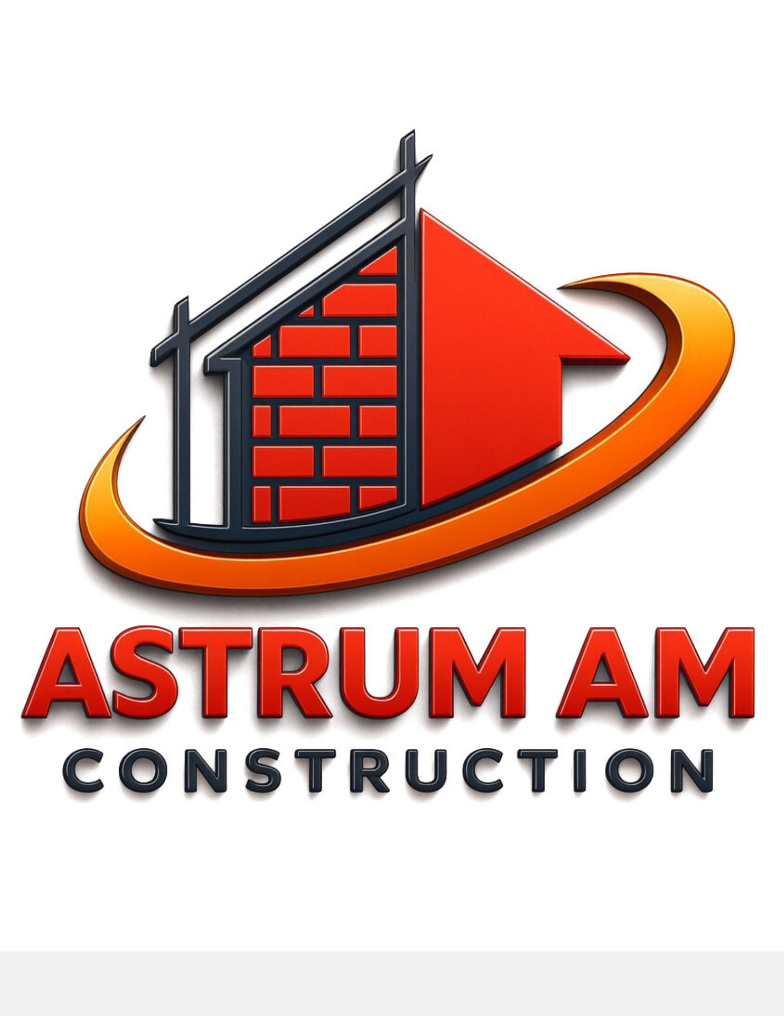 Logo for Astrum AM Construction: house icon with brick wall, red roof, and orange swirl.