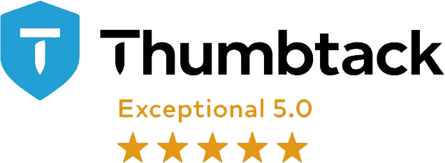Thumbtack logo with a blue shield and text saying "Exceptional 5.0" with five gold stars.