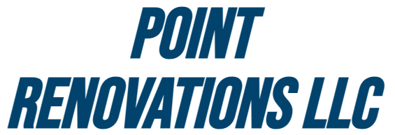 The logo for point renovations llc is blue on a white background.