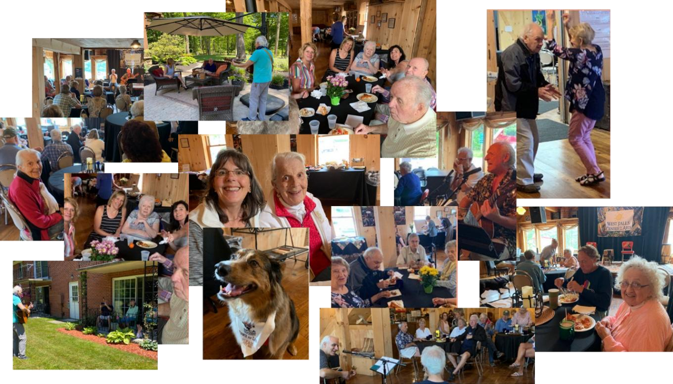 Collage of people at an event, gathering indoors and outdoors, eating, dancing, and socializing.
