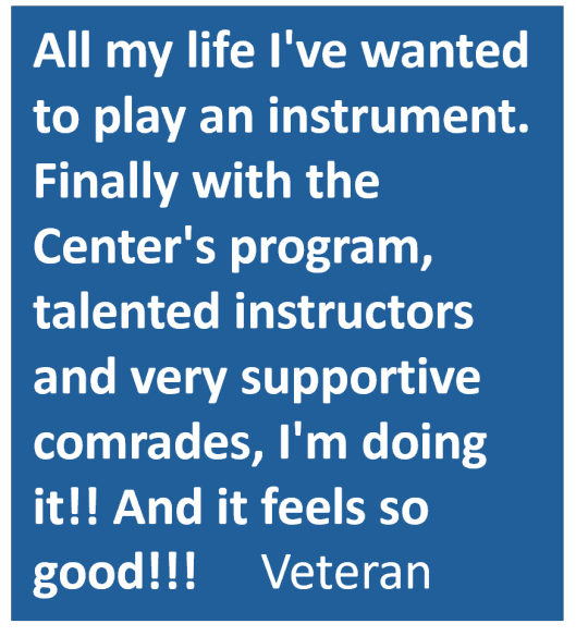 Testimonial about learning to play an instrument, featuring text on a blue background and signed by 
