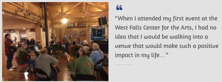 People seated at an event in a wooden-beamed venue. Quote about positive impact from the West Falls Center for the Arts.