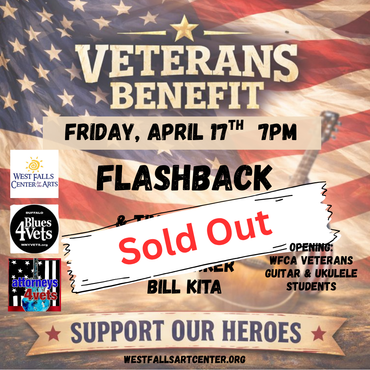 Veterans Benefit poster: Friday, April 17th, 7PM with Flashback & musicians. American flag background.