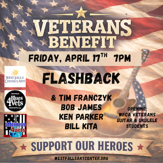 Veterans Benefit poster: Friday, April 17th, 7PM with Flashback & musicians. American flag background.