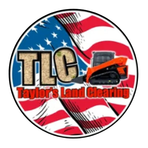 A logo for taylor 's land clearing with an american flag in the background