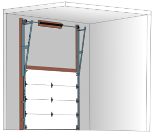 White garage door partially open, mounted on a white wall, with metal track extending overhead.