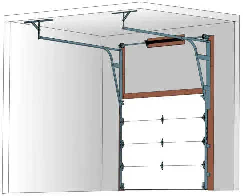 White garage door partially open, mounted on a white wall, with metal track extending overhead.