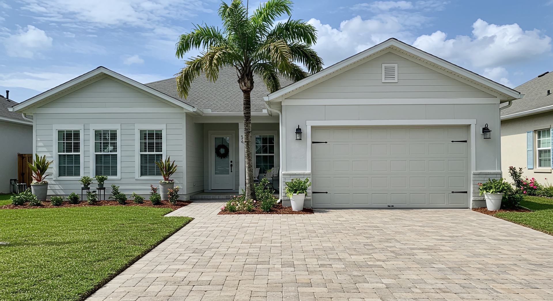 Light blue house with beige garage door, brick driveway, palm tree, and green grass.