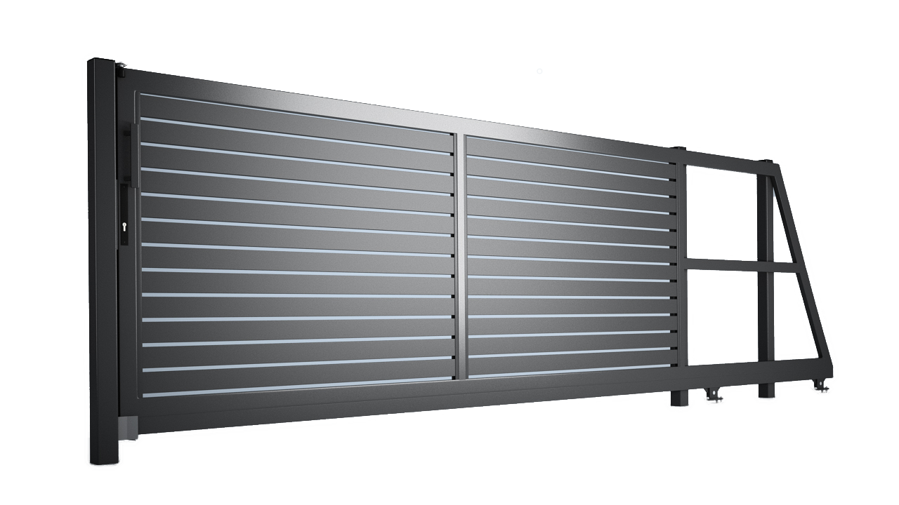 Dark gray horizontal sliding driveway gate with a side support structure.
