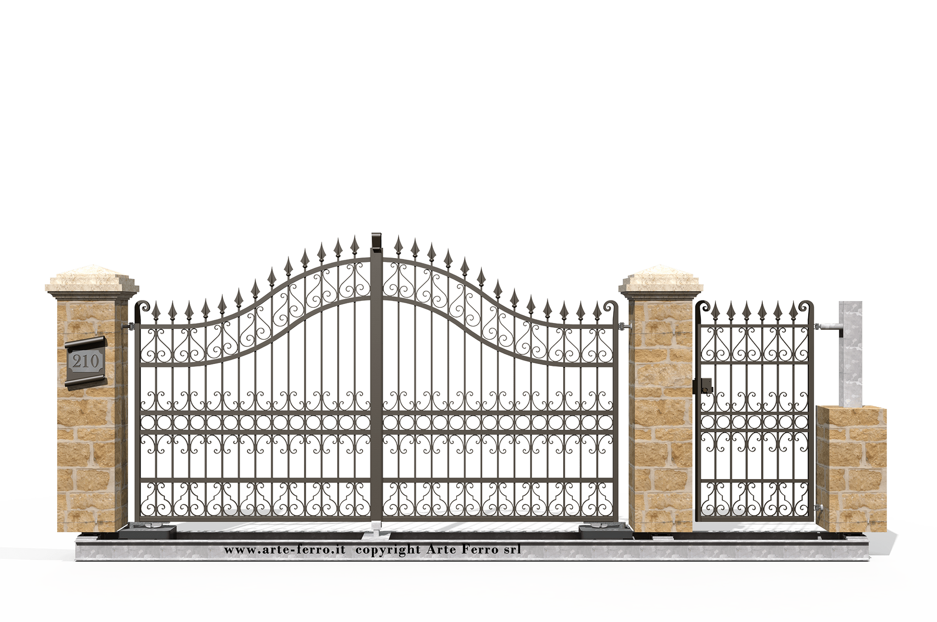 Ornate iron driveway gate with stone pillars.