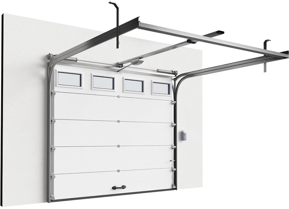 White garage door opening, with overhead tracks and mounting structure attached to a wall.