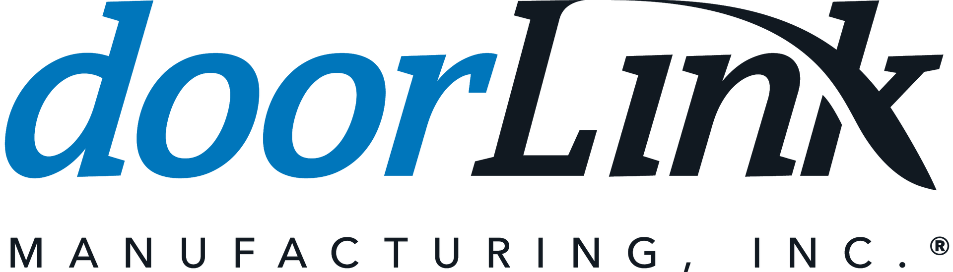 DoorLink Manufacturing, Inc. logo: Blue "door" and black "Link", arc over the x; black text "MANUFACTURING, INC."