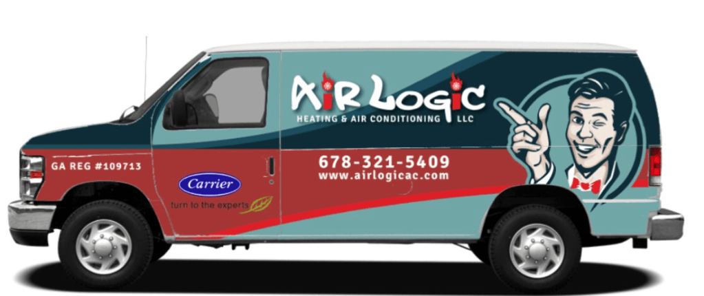 A red and blue van with the word logic on it
