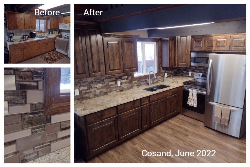 A before and after photo of a kitchen with wooden cabinets and granite counter tops.