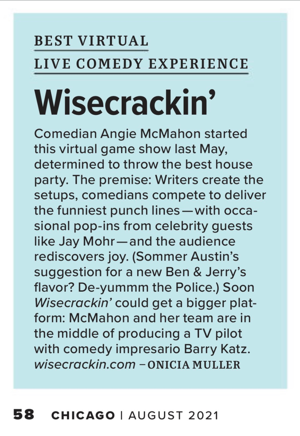 Chicago Magazine named Wisecrackin Best in Chicago