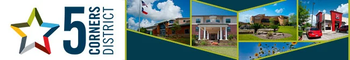 Logo for 5 Corners District with a star and images of buildings, homes, and a car.