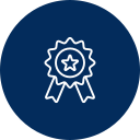 Blue circle with white ribbon badge; a star within.