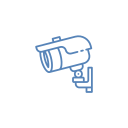 Blue security camera mounted on a wall.