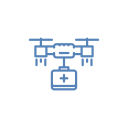 Blue line art drone carrying a medical kit.
